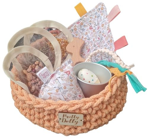 PRETTY DOLLY - Cesta de los tesoros para bebé con 8 artículos hecha a mano - Cesto sensorial - Juego de estimulación temprana - Jugete para bebé Montessori desde los 4 a los 18 meses (Coral)