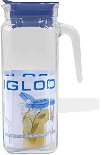 Jarra igloo cuadrada con capacidad de 1,2 litros y de 23 x 12 x 8,5 cm con tapa de color azul. Recipiente para almacenar y servir líquidos con diseño tradicional. Vasija de cristal para hogar.