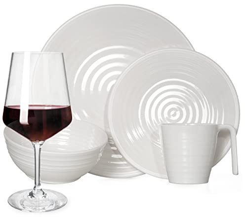 Melamin Camping Geschirr Set 4 Personen Crema Design 16 Teilig + Milano Gläser Rot Weingläser Tafelgeschirr Picknick BBQ Kochgeschirr