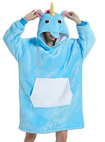 LATH.PIN Panda Übergroße Decken-Hoodie Flanell mit Kapuze Pulloverdecke Sweatshirt Unisex Kapuzenpullis (Einhorn, S)