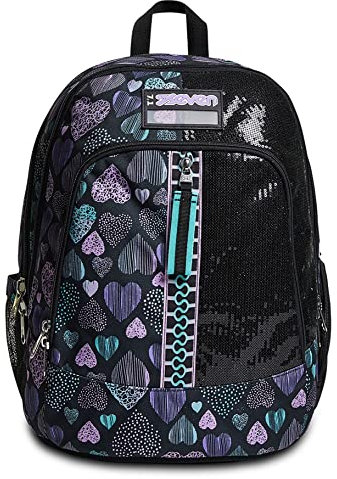 Seven Rucksack Advanced, Backpack für Schule, Uni & Freizeit, Geräumige Schultasche für Teenager, Mädchen, Jungen, Gepolsterter Schulranzen; Patchy Heart Girl, mehrfarbig, mit Laptopfach