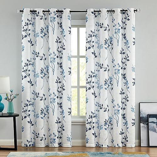 Beauoop Navy Blau Voile Vorhänge Blätter Blumen Muster Leinenoptik Vorhänge mit Ösen für Wohnzimmer Botanisch Halbtransparent Ösenvorhang für Bauernhaus Schlafzimmer 2er Set, 127 x 245cm (HxB)
