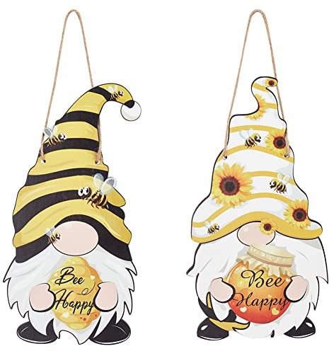 nbeads 2 Pcs Abeille GNOME Décorations Murales en Bois, Panneau en Bois Bee Happy Home Décor à Suspendre Bumble Bee Plaque de Porte Cadeaux Ferme pour Décor Salon Ferme, Environ 28×14.3cm