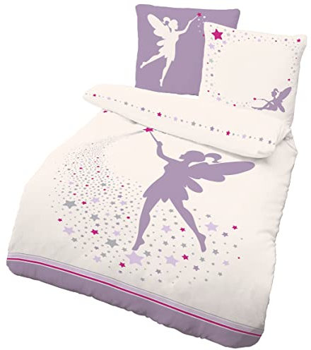 LINKHOFF Bettwäsche 135x200 Kinder Mädchen - Fee Bettwäsche Sterne Flieder - Feen Kinderbettwäsche 135x200 Weiß Violett - Bettbezug aus 100% Baumwolle