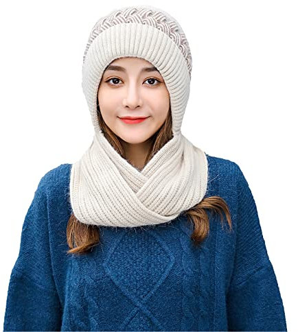 Vpoofree Mütze Damen Winter Strickmütze Kapuzenschal Warme Mütze und Schal Wintermütze mit Pompon Strick Beanie Damen Winterset Bommelmütze für Fraue Mädchen(Beige Dame Set Mütze+ Schal)