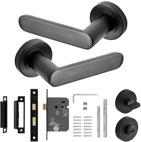 Decoranddecor Echo Matt Black Door Lever Handles - 54mm Round Rose - Aluminium - Bathroom Lock Kit