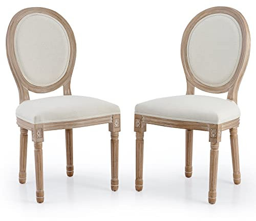 VONLUCE Accent Chairs Set of 2, French Upholstered Dining Chairs for Bedroom Living Room Kitchen, Vintage Vanity Chairs with Oval Birch Backrests Rubberwood Legs, Louis XVI Farmhouse Home Decor, Beige