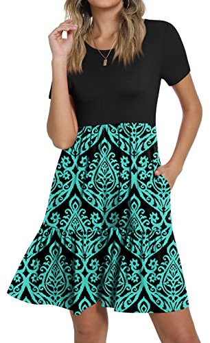 POPYOUNG Women's 2024 Summer Casual Short Sleeve Crewneck Swing Dress Flowy Tiered Maxi Beach Dress with Pockets Dress Work Dresses 2X-Large,Black/Flower Blue-Green