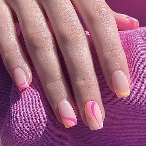 24 Pièces Court Carré Faux Ongles Glossy Rose Orange Lignes Français Ongles à Coller 12 Tailles Couverture Complète Acrylique Capsules Ongles Réutilisable Press on Nails pour Femmes et Filles