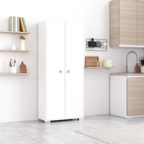 Doomostore. Armadio 2 Ante Clara per la dispensa, Cucina, Multiuso, Lavanderia, spogliatoio 75x35x180H con Ripiani Bianco/Olmo Biancoluna