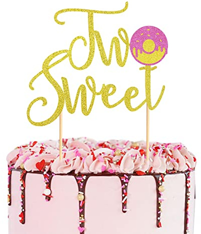 Arthsdite Donut Tortenaufsatz Candyland Zwei süße Kuchendekorationen mit Donut Pink Candy für Donut 2. Thema Babyparty Party Dekoration - Gold Glitter
