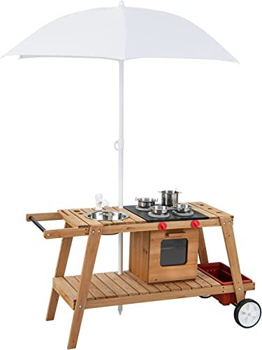GYMAX Kids Mud Kitchen, Outdoor Wooden Toy Kitchen with Removable Umbrella, Wheels, Stove, Sink, Storage Space and Accessories, Pretend Children Cooking Cart for Girls Boys (White+Natural)
