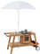 GYMAX Kids Mud Kitchen, Outdoor Wooden Toy Kitchen with Removable Umbrella, Wheels, Stove, Sink, Storage Space and Accessories, Pretend Children Cooking Cart for Girls Boys (White+Natural)
