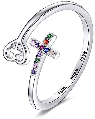 Kreuz Ring Damen 925 Sterling Silber Glaube Liebe Herz Einstellbar Ring Chakra Regenbogen Schmuck Geschenk (Chakra Kreuz)