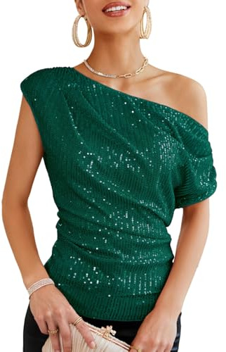 GRACE KARIN Damen Pailletten Oberteil One-Shoulder Festliches Party Outfit | Raffiniertes Design, Asymmetrischer Schulterausschnitt, Funkelnde Pailletten, Leicht dehnbar, Vollständig gefüttert