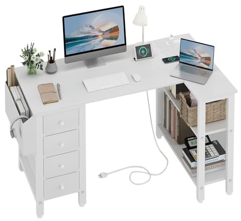 Lufeiya White L Shaped Computer Desk with Drawers & Storage Shelves, 47 Inch Corner Reversible Desk with Power Outlet for Home Office Bedroom, L-Shaped Teen PC Desks with Fabric Drawer, White