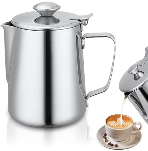 Pentolino per Latte Con Coperchio, Pentolino Latte Coperchio, 1500ml in Bricco Latte in Acciaio Con Coperchio E Maniglia Design a Prova Di Fuoriuscita per Versare Caffè E Preparare Cappuccino E Latte