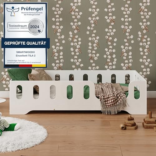 smartwood Cama Infantil 90x200 Blanco - Cama Montessori de Madera Certificada FSC, con Barandilla de Protección y Somier Resistente hasta 230 kg - para Niño y Niña - Montaje Fácil - TILA 2P