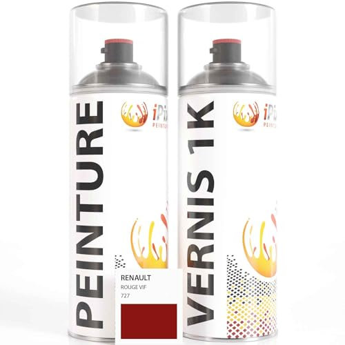 ipixline Kit Retouche Peinture Carrosserie Voiture - Bombe Aérosol Peinture Auto 400 ml, Vernis Brillant 1k 400 ml - Compatible avec Renault - Rouge Vif 727