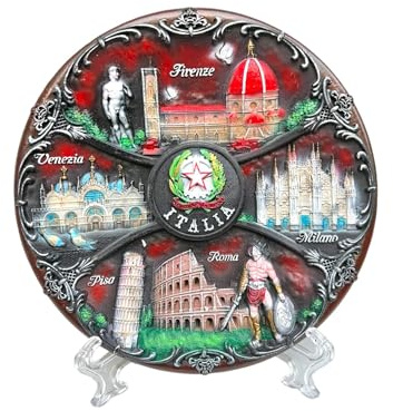 Generic Italienischer Vintage-Stil, handbemalt, 3D-Poly-Keramik-Dekoteller mit italienischen Sehenswürdigkeiten – perfektes Souvenir und Geschenk aus Italien (20 cm) (Italia 4 Städte in Rot)