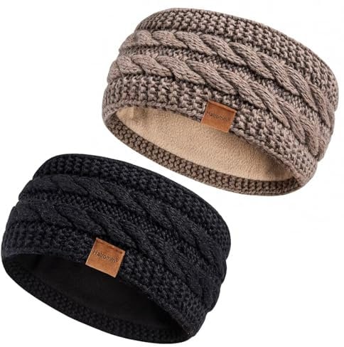 Hatromm Winter Headbands for Women Wool 2 Pack, Ear Warmers for Women Knitted Thick Fleece Lined, Headbands for Women's Hair Cold Weather Warm Ear Muffs(Black+Khaki)