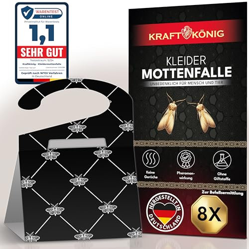 KRAFTKÖNIG Premium Mottenfalle Kleidermotten - 8X Kleidermottenfalle mit Langzeitwirkung - Auch für Kleiderstangen geeignet - geruchlose Kleider Mottenfalle gegen Kleidermotten - Made in Germany