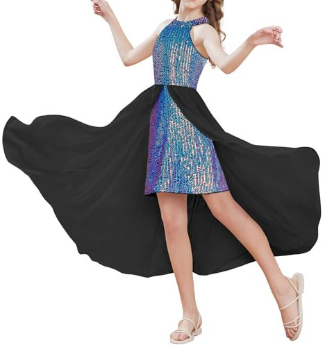 Jolie Robe d'Été à Paillettes sans Manche Robe Longue à Dos Nu en Mousseline Robe Maxi à Traîne Bleu Violet 10-12 Ans