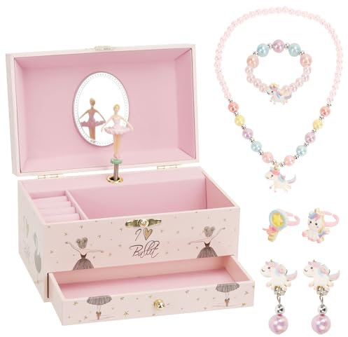Schmuckkästchen Mädchen, Spieldose mit Ballerinamädchen, Schmuckaufbewahrung Kostenlos für Halskette Armband Ohrclip Ring, Mit Spiegel Schubladen Musik Schmuckbox, Kindergeburtstagsgeschenk Set 3-10