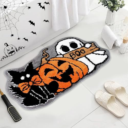 Halloween Deko Fußmatte, Halloween Kürbis rutschfest Teppich, Badematten für Badezimmer, Badteppich Toilette Bath Mat, Geister Teppiche für Badezimmer Bauernhaus Zuhause Dekorationen (Boo)