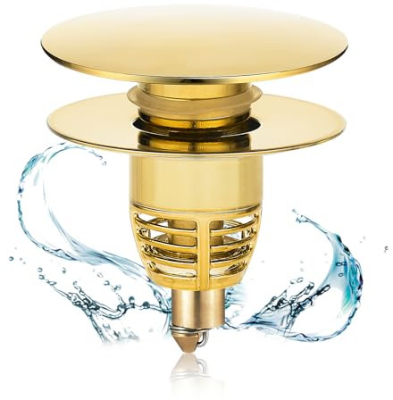 Waschbeckenstöpsel, Universal Pop Up Abflusssieb Ablaufgarnitur Stöpsel Waschbecken, Abflussstopfen für Aufsatzwaschbecken Badewannenstöpsel mit Anti Clogging Sieb,Ablaufventil aus Messing (Gold)