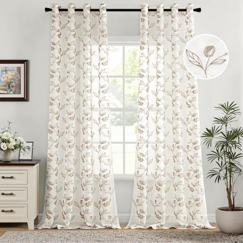 Woaboy Cortina Dormitorio Marrón Estampadas Flores Hojas Visillo Ventana Decorativo Tansparente Moderno para Salón Habitación 2 Piezas 140x260cm