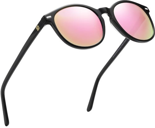 DUCO Retro Polarisierte Damen Sonnenbrille Vintage UV400 Schutz Sonnenbrillen Leichtgewicht Acetat Rahmen DC1230 (Schwarz Rahmen Revo Pink Linse)