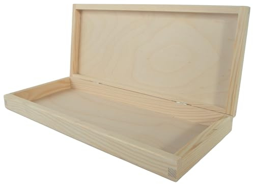 WooDeeDoo Large Shallow Oblong Wooden Box with Lid | 34 x 15 x 4 cm | Keepsake Trinket Valuables Desk Storage Organiser Gift Holder Case | Unfinished Decorative Wood