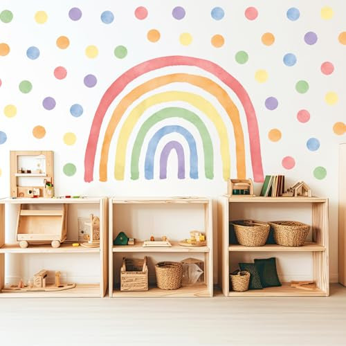 Wally Fox - Wandtattoo Kinderzimmer - Kinderzimmer Deko - Wandtattoo Kinderzimmer Mädchen - Wanddeko, Wandsticker Punkte, Kreise - Regenbogenfarbener, klassischer M+60 Stück Punkte/Tupfen