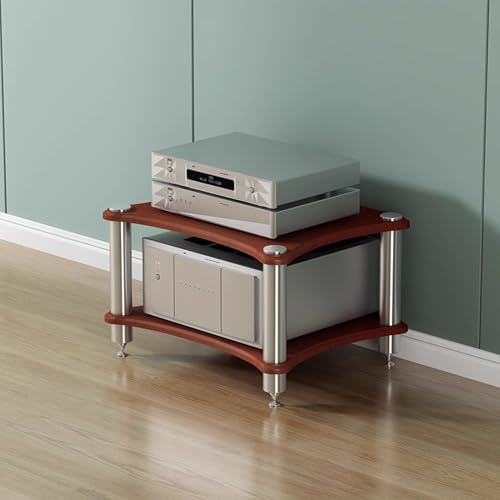 SHZYJBRY 2-Tier Hifi Racks and Stands, AV Media Stand with with Speaker Spikes, Video Component Cabinet Audio Rack Tower for DVD Player Game Console TV Box WiFi Routert (Dark Wood, 2-Tier)