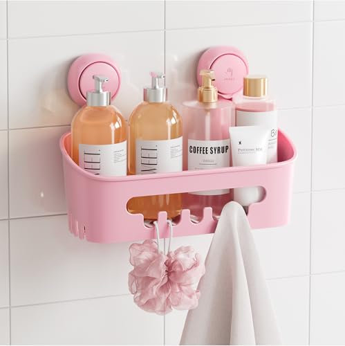 TAILI éTagèRe de Douche Robuste avec Ventouse sous vide, Panier de Rangement Amovible sans PerçAge pour Shampoing et Articles de Toilette Organisateur de Cuisine, Salle de Bain, Chambre à Coucher,Rose