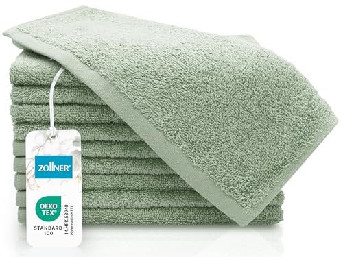 ZOLLNER 10er Set Gästehandtücher - kleine und Flauschige Handtücher in 30x50 cm - waschbar bis 60°C - Baumwolle - in Salbei - Hotelqualität - Oeko Tex® Zertifiziert