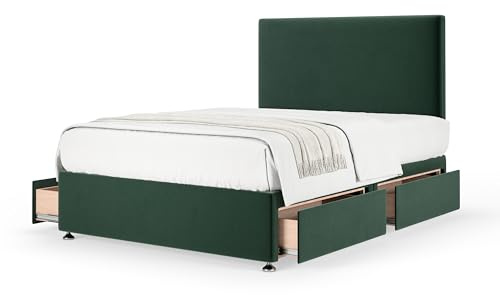 Bedmaster Plush Velvet Divan Base With Storage And Plain Headboard - Colour And Size Options (Green 4 Drawer, King (U.K. Standard))
