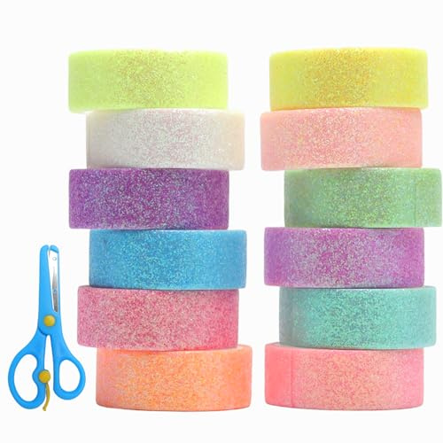TMZELOA Washi Tape Set glitter 12 rullar färgglad tejp färgglad maskeringstejp glittrande band med sax dekorativ tejp färgglada pysselband för gör-det-själv bullet scrapbooking bullet journal och