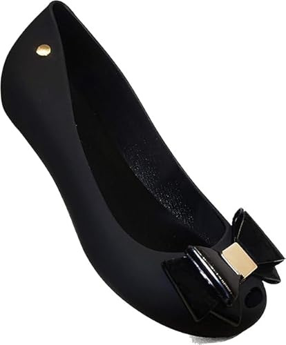 Womens Black Jelly Flat Shoes with Bow – Comfy Slip-On Casual Ballet Pumps UK 3-8 (Black, UK Footwear Size System, Adult, Women, Numeric, Medium, 5)