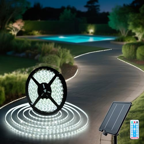 Solar LED Strip Lights Outdoor Wasserdicht Weiß Solar Lichtschlauch 32.8FT mit 8 Modi Fernbedienung Timer Dämmerung bis Morgendämmerung Selbstklebend Schneidbar Beleuchtung für Außen, Stufe, Garten