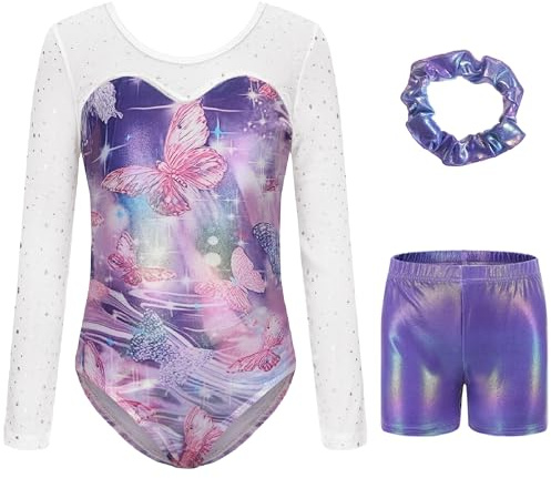 Sinooem Dreiteilige Gymnastikanzüge Für Mädchen Langärmelig Gymnastik Trikot Set mit Shorts und Haarband, Gymnastik Outfit Glitzernde Schmetterlinge für 5-12 Jahre (Schmetterlinge-Lila, 7-8 Jahr)