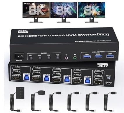 4K @ 144Hz KVM-Switch 3 Monitore 4 Computer 8K 60Hz 2 DisplayPort + 1 Dreifachmonitor für Nahtlose Umschaltung