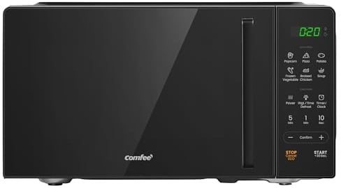 COMFEE' 20L Digital Microwave Oven, 700W Compact Countertop Microwave with Inverter, 6 Auto Menus, Multi-Stage Cooking, ECO Mode, Express Cook, Black - CMO-EM202NF(BK)