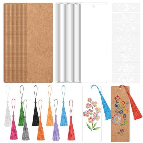 Bouiexye Lesezeichen-Bastelset mit 60 leeren Lesezeichen zum Selbstgestalten und 60 bunten Quasten für Bastelarbeiten, Schulprojekte und Geschenkanhänger