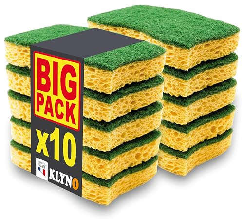 (KLYNO® Classic) | Set da 10 Spugne per Piatti | Maxi Formato Convenienza | Spugne da Cucina Ultra Assorbenti in Cellulosa | Lato Morbido Pulente e Lato Verde Abrasivo | Uso Quotidiano