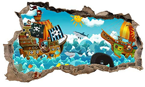 3D Wandtattoo Mauerloch Wandsticker Wandaufkleber Durchbruch Kinder selbstklebend H 60 x B 100 Schlafzimmer Kinderzimmer (WL39 Comic Piraten)