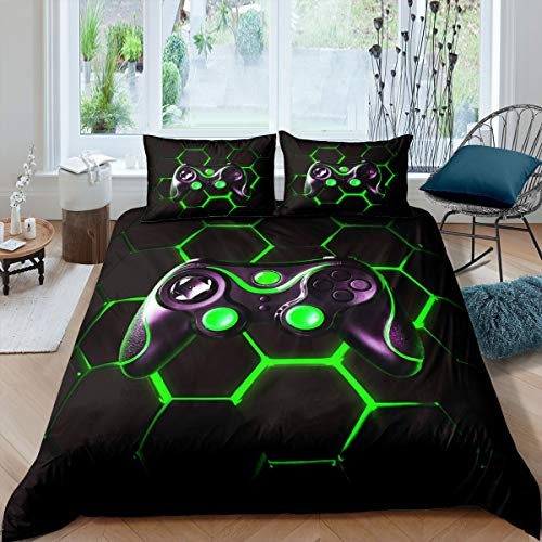 Homemissing Boys Teens Gaming Duvet Cover Set Kids Video Game Gamepad Bedding Set Geometric Honeycomb Hexagon Comforter Cover Gaming Game Controller Bedspread 3Pcs Double Size,Black,Green
