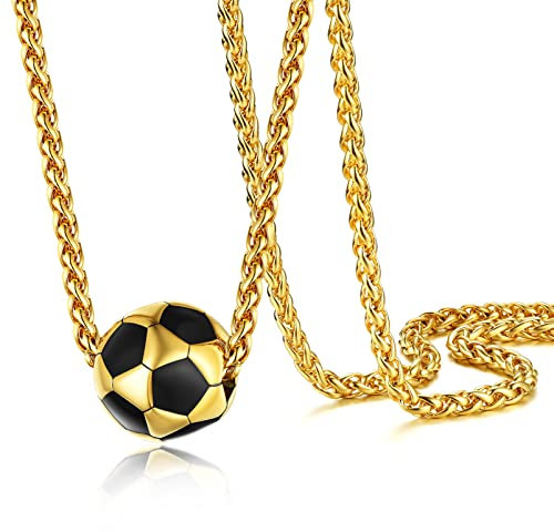 PROSTEEL 3D Anhänger Halskette 18k vergoldet Fußball Form Charms mit 55+5cm Weizenkette Fußballfans Modeschmuck Accessoire für Männer Frauen