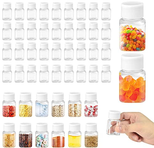 BUENTYA 50 PCS Plastic Pill Bottles, 30ml Empty Plastic Square Bottles Portable Refillable Bottles Reusable Travel Bottles Small Clear Pill Containers with Lids 2 Stickers for Travel, Toner, Lotion